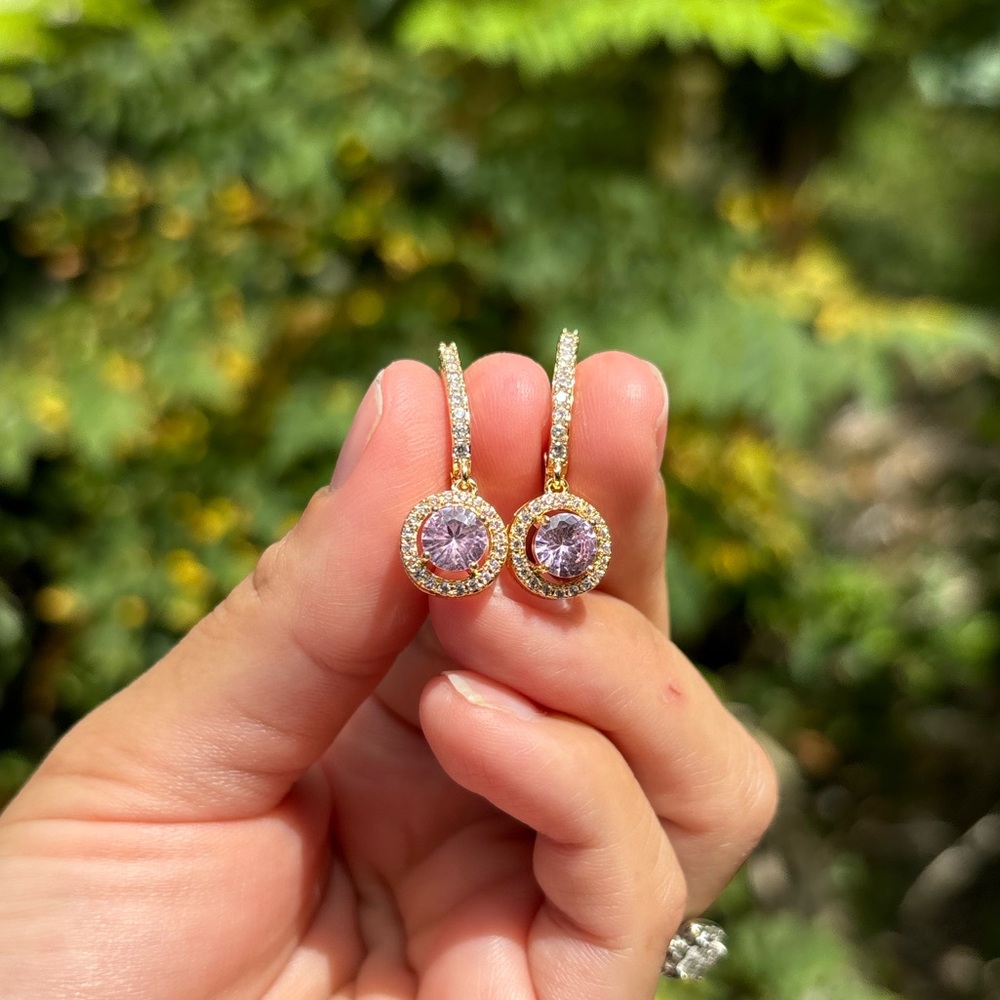 18K Gold Plated Stainless Steel Pink Diamond Dangling Earrings